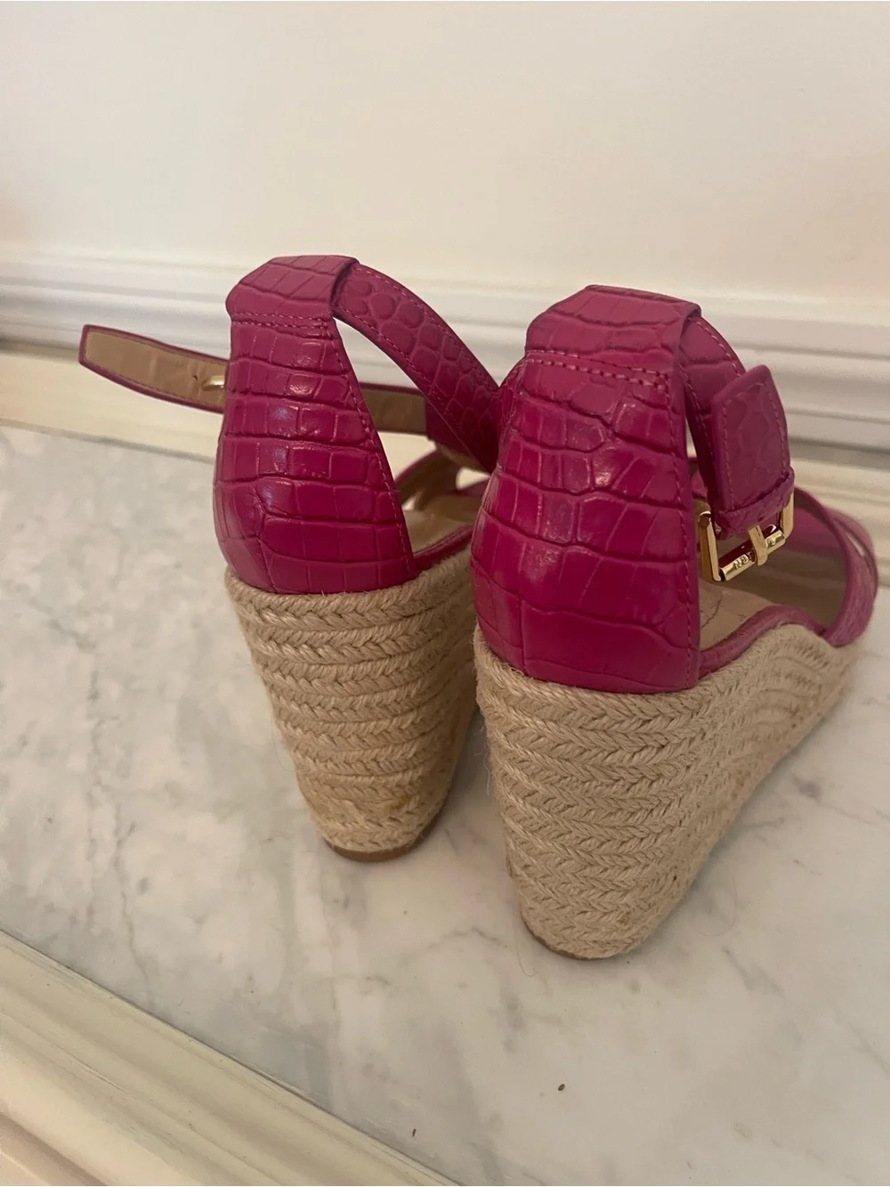Ralph Lauren Hot Pink Croc-Embossed Espadrille Wedge Sandals with Gold RL Logo
